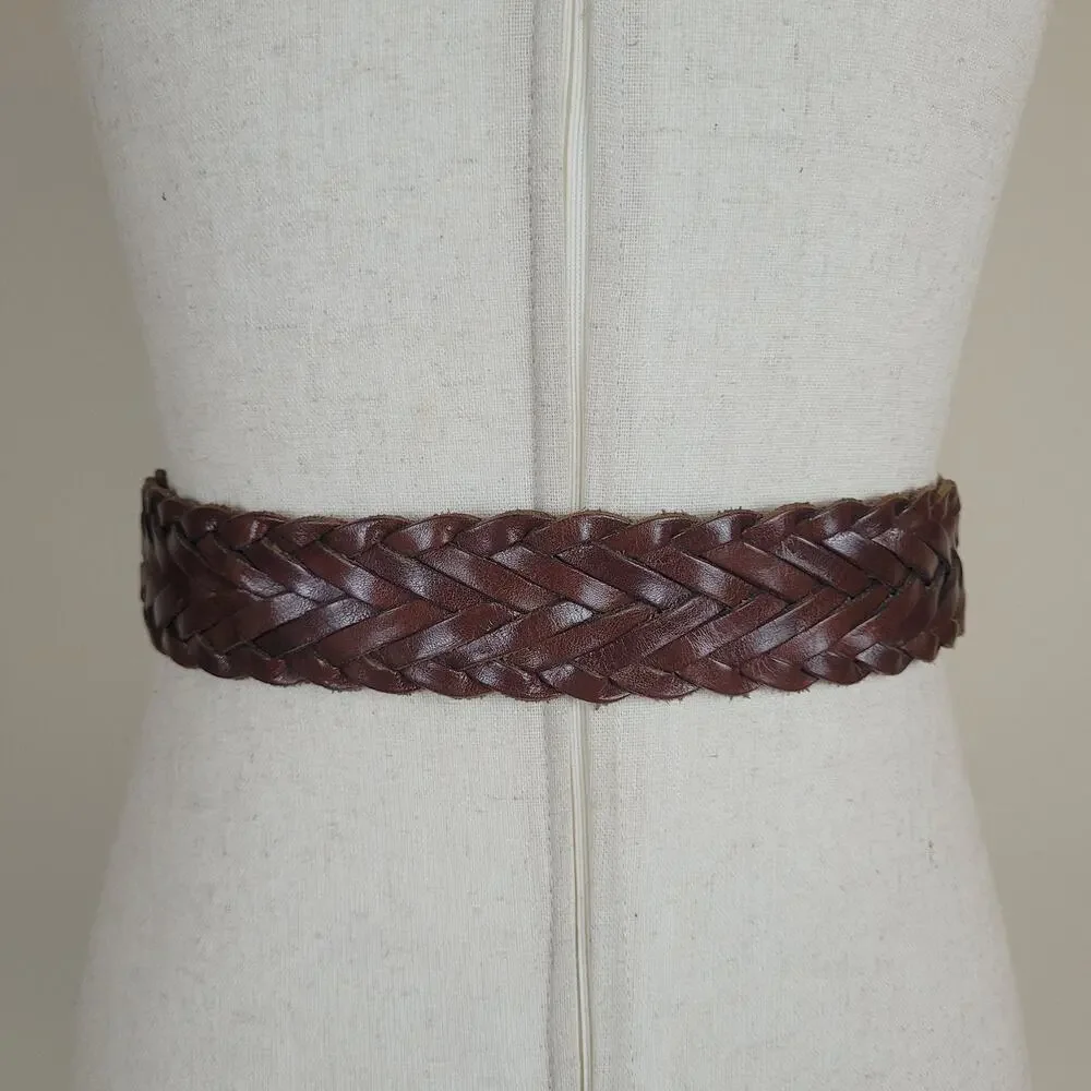 Vintage Express Belt Large Brown Braided Woven Leather Wide Waist Western Boho